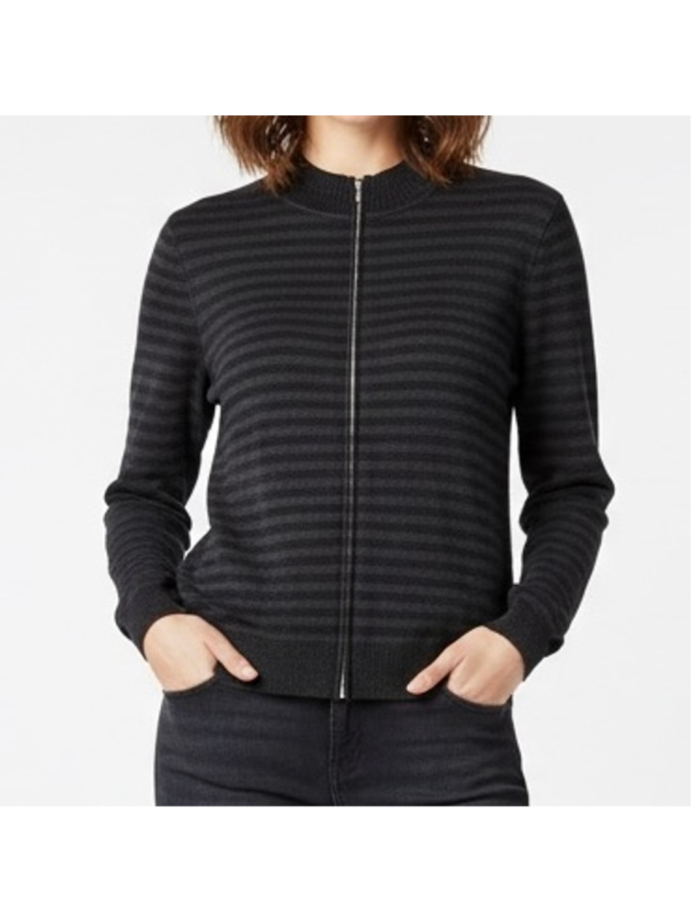 St. John Wool Blend Black Striped Contrast Full Zip Jacket Large Lightweight